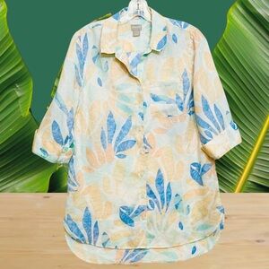Chico’s 100% Linen Top Sz 1(US8-10) Blouse Tropical Floral 3/4 Sleeve Button Up